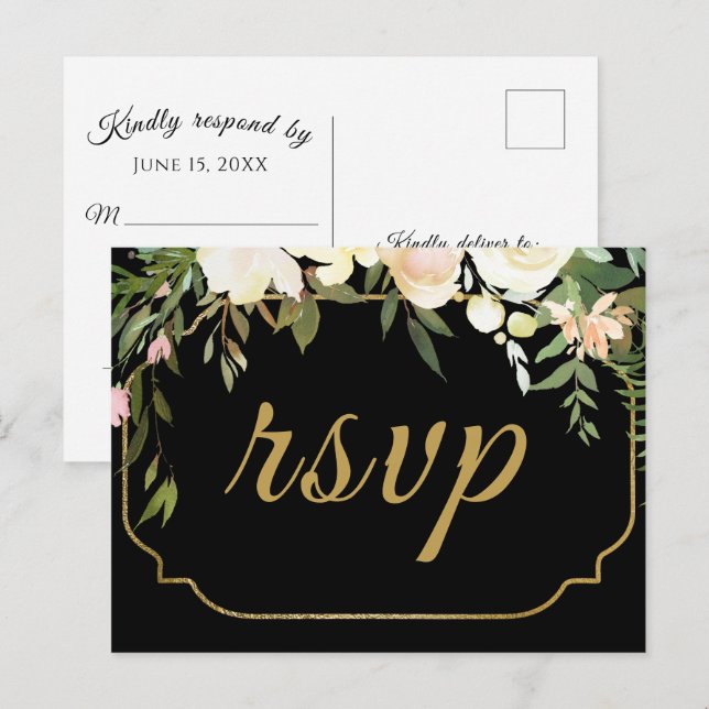 Carte Postale Aquarelle or Faux Floral Black Wedding RSVP (Devant / Derrière)