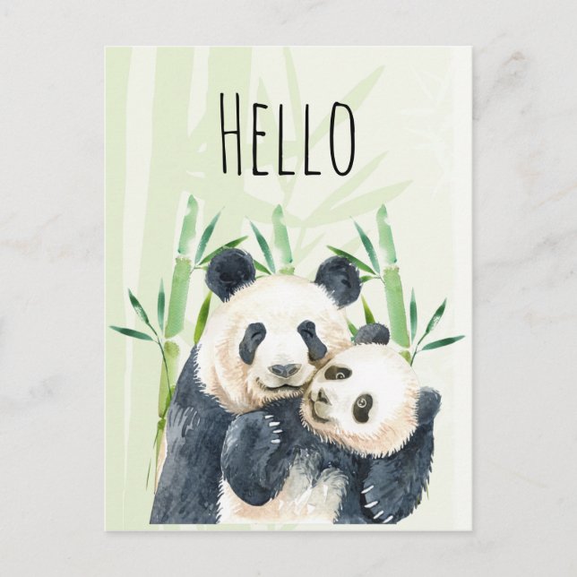 Carte Postale Aquarelle Panda Ours Maman & Bébé en Bambou Bonjou (Devant)