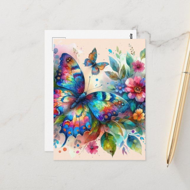 Carte Postale Aquarelle Papillon Floral Fleurs Bleu rose (Devant/Arrière en situation)