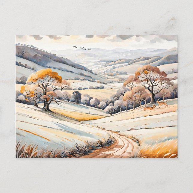 Carte Postale Aquarelle Pastel Paysage d'hiver ensoleillé (Devant)