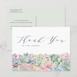 Carte Postale Aquarelle Pastel Succulents Merci Mariage