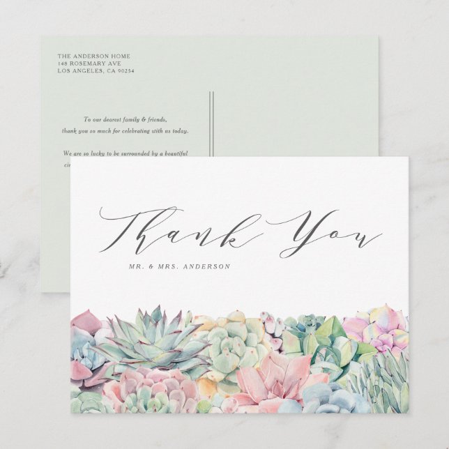 Carte Postale Aquarelle Pastel Succulents Merci Mariage (Devant / Derrière)