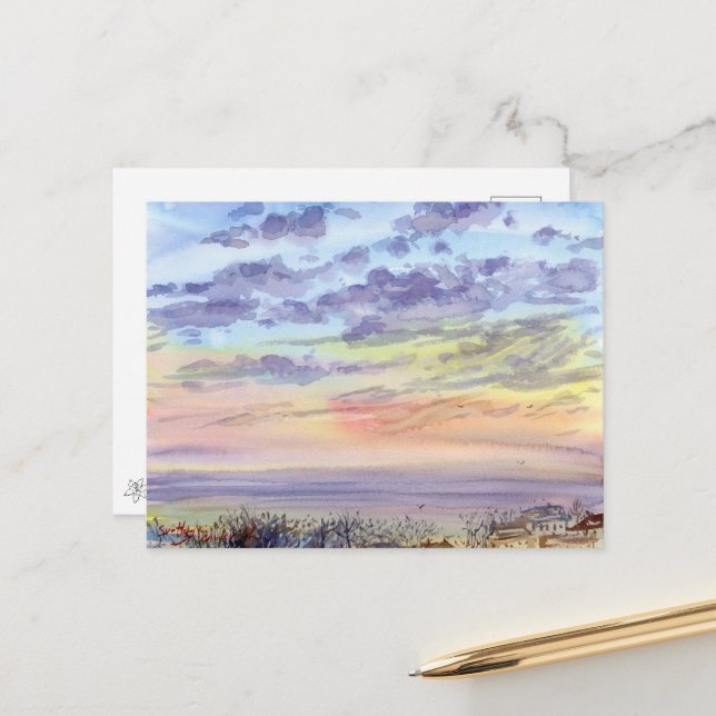 Carte Postale Aquarelle paysage matinal avec nuages et mer (Devant/Arrière en situation)