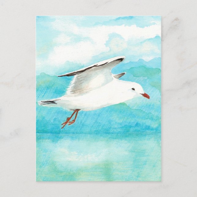 Carte Postale Aquarelle Peacock Blue Seagull in the Rain Bird (Devant)