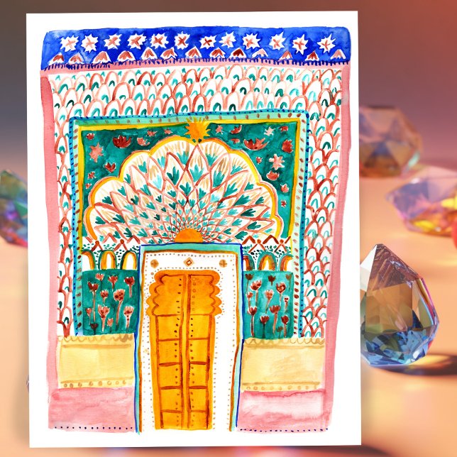 Carte Postale Aquarelle Peacock Door Jaipur City Palace rose (Peacock Door Watercolor Jaipur City Palace Pink Postcard
)