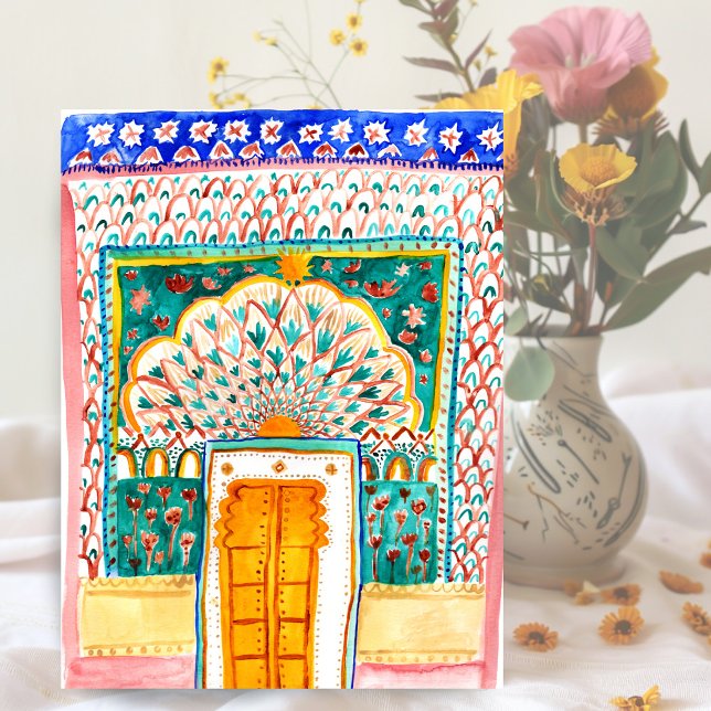 Carte Postale Aquarelle Peacock Door Jaipur City Palace rose (Peacock Door Watercolor Jaipur City Palace Pink Postcard
)