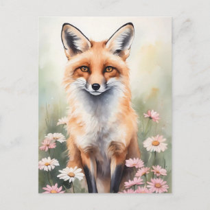 Carte Postale Aquarelle Peinture Fox avec Fleurs marguerites
