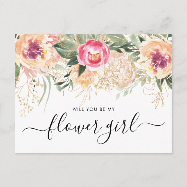 Carte Postale Aquarelle Peonies Roses Serez-Vous Ma Fille Fleur (Devant)