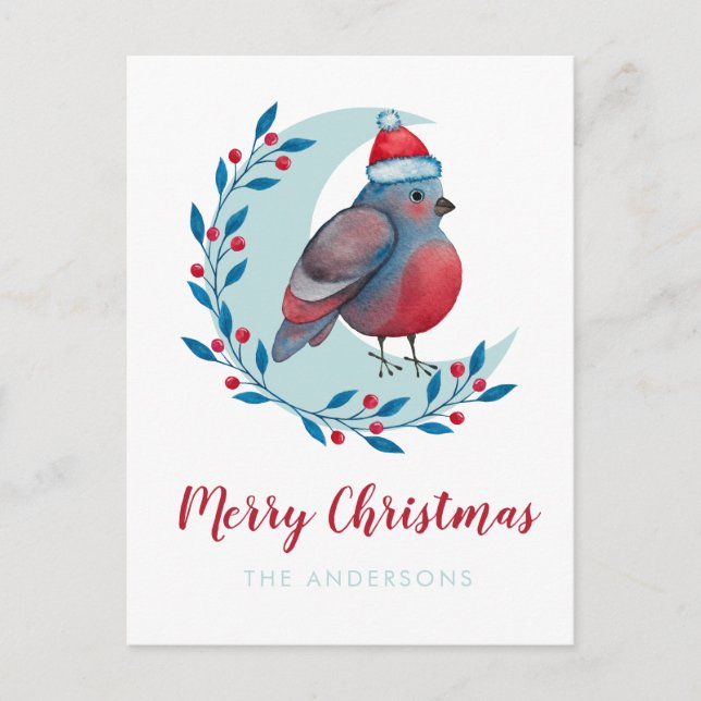 Carte Postale Aquarelle personnalisée Oiseau de Noël sur la lune (Devant)