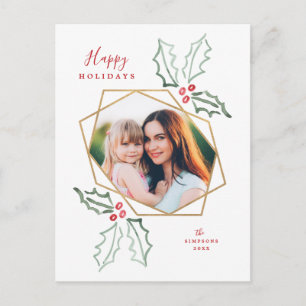 Carte Postale Aquarelle photo géométrique or Holly Noël