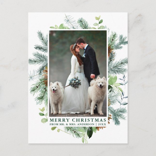 Carte Postale Aquarelle Pine Mariage photo Vert Noël (Devant)
