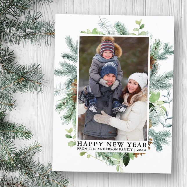 Carte Postale Aquarelle Pine verte Joyeux Nouvel An Photo (Customize to change text size or text style.)