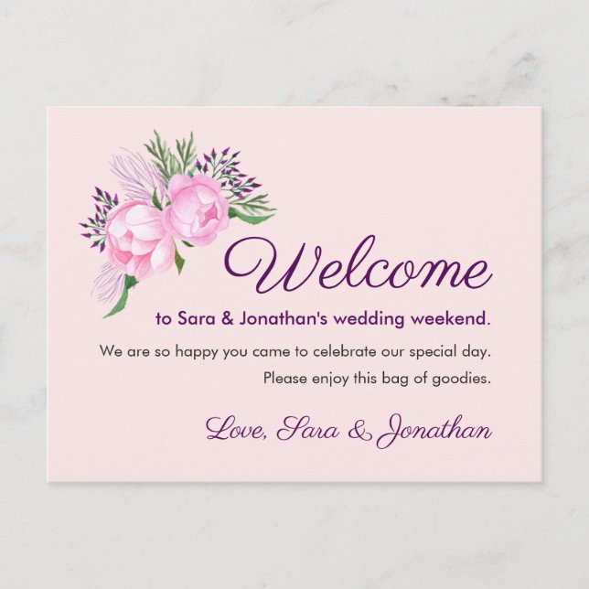 Carte Postale Aquarelle Pink Peonies | Bienvenue Mariage (Devant)