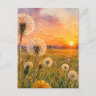 Carte Postale Aquarelle Pissenlits au Paysage de Prairie au Couc