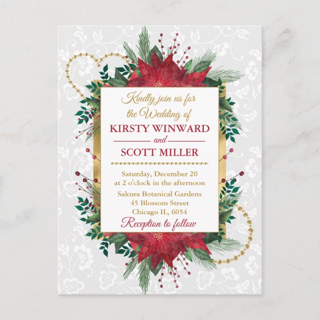 Carte Postale Aquarelle Poinsettia Noël Mariage d'hiver Inv (Devant)