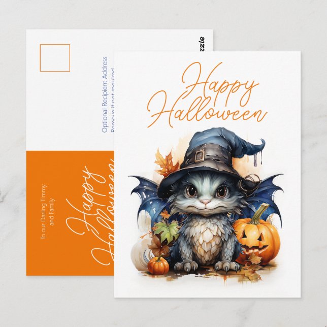 Carte Postale Aquarelle pour enfants mignonne Dragon Bébé Hallow (Devant / Derrière)