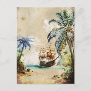 Carte Postale Aquarelle Rétro Pirate Bateau Palmiers vieux papie