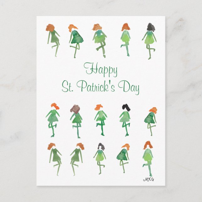 Carte Postale Aquarelle rétro St. Patrick's Day Danse irlandaise (Devant)