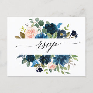 Carte Postale Aquarelle romantique Marine Bleu Blush Floral RSVP