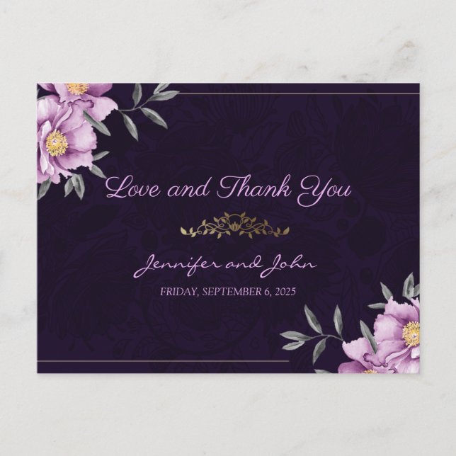 Carte Postale Aquarelle romantique violet Peony Mariage Merci (Devant)