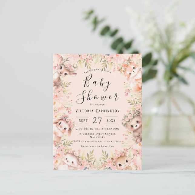 Carte Postale Aquarelle rose Animaux Baby shower budgétaire (Debout devant)