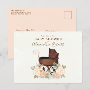 Carte Postale Aquarelle rose baby shower Élégant buggy florale