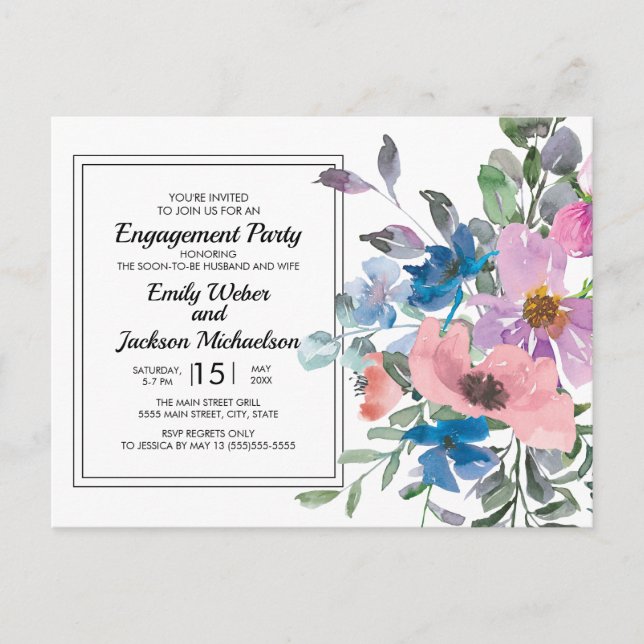 Carte Postale Aquarelle rose bleu Lilac Fête d'engagement (Devant)