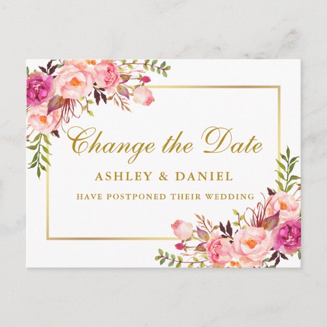 Carte Postale Aquarelle Rose Blush Or Floral Changer La Date (Devant)