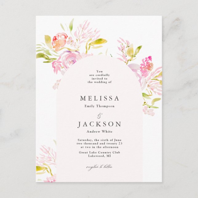Carte Postale Aquarelle Rose bouquet Faire-part de mariage Arche (Devant)