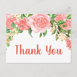 Carte Postale Aquarelle rose corail Roses Merci
