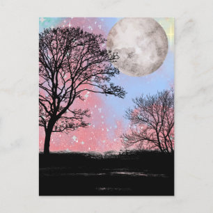 Carte Postale Aquarelle Rose Et Bleu Ciel Arbres Et Lune