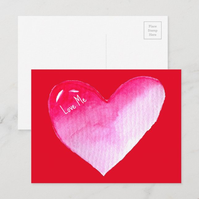 Carte Postale Aquarelle rose et rouge coeur pop art valentine (Devant / Derrière)