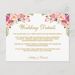 Carte Postale Aquarelle rose Floral Détails du Mariage Insérer u