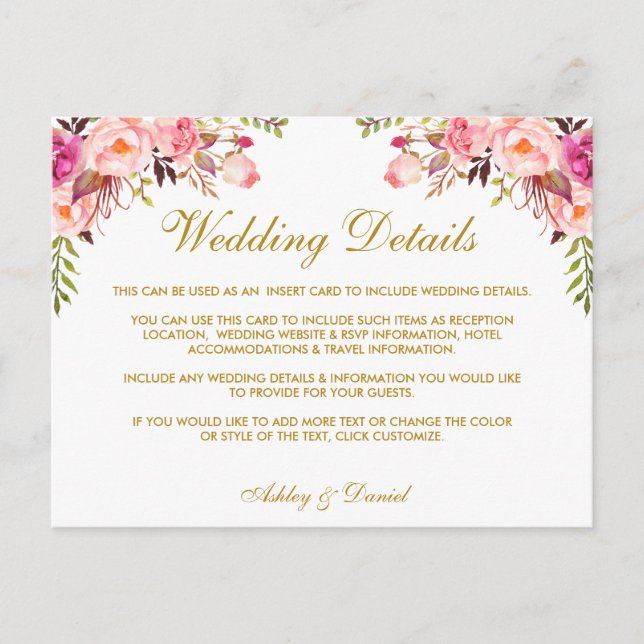 Carte Postale Aquarelle rose Floral Détails du Mariage Insérer u (Devant)