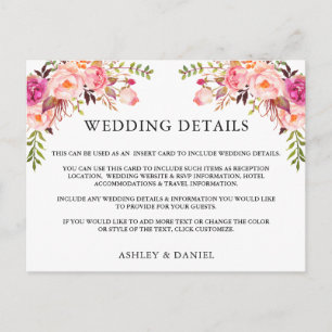 Carte Postale Aquarelle rose Floral Détails du Mariage Insérer u