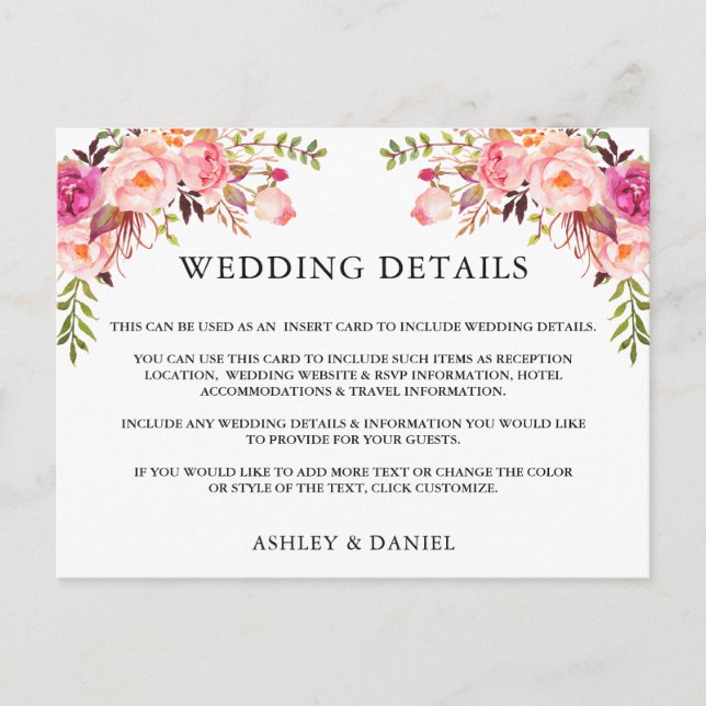Carte Postale Aquarelle rose Floral Détails du Mariage Insérer u (Devant)