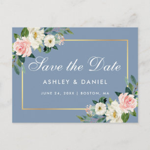 Carte Postale Aquarelle rose Floral Dusty Blue Enregistrer la da