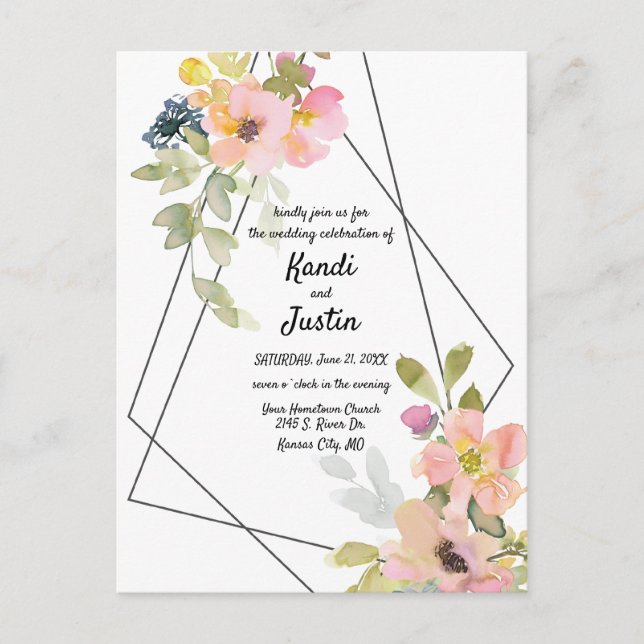 Carte Postale Aquarelle rose Floral Mariage géométrique (Devant)
