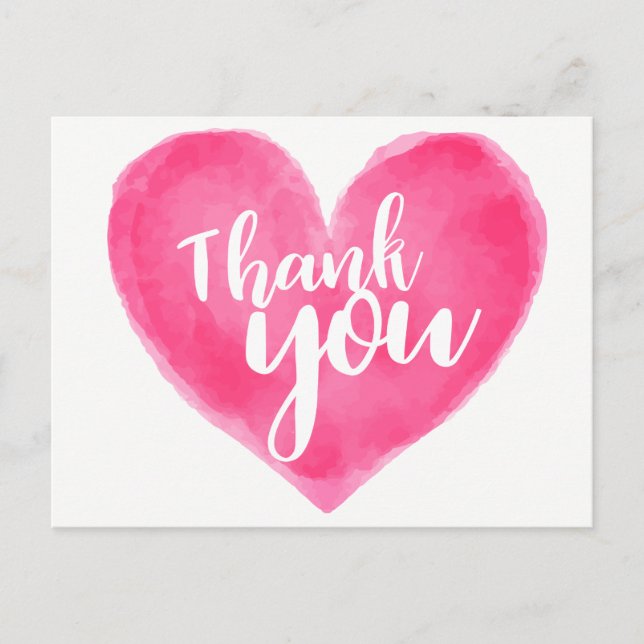 Carte Postale Aquarelle rose Merci de coeur rouge - Amour Mariag (Devant)