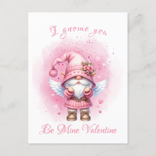 Carte Postale Aquarelle rose mignonne Gnome Saint-Valentin