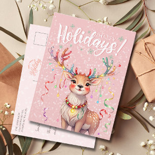 Carte Postale Aquarelle rose mignonne rennes et lumières de Noël