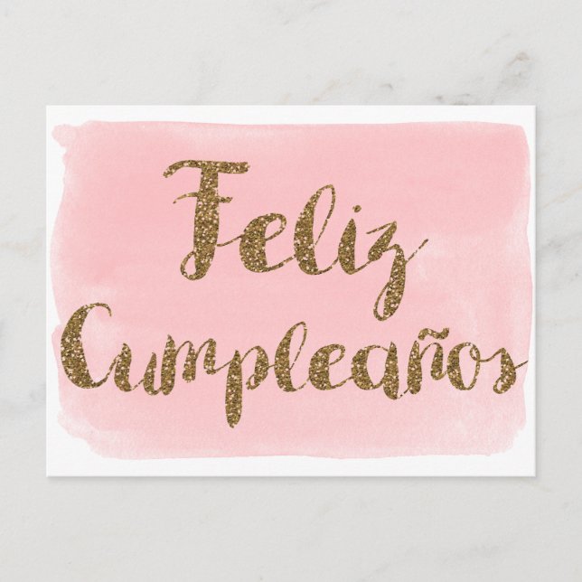 Carte Postale Aquarelle rose pailleté or Feliz Cumpleanos (Devant)