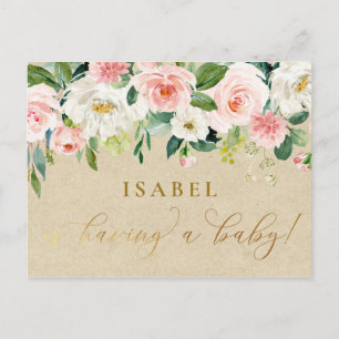 Carte Postale Aquarelle rose pâle Floral & Baby shower Kraft