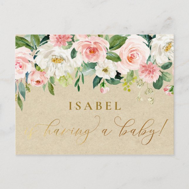 Carte Postale Aquarelle rose pâle Floral & Baby shower Kraft (Devant)