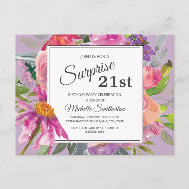 Carte Postale Aquarelle rose pourpre Floral 21e anniversaire (Devant)