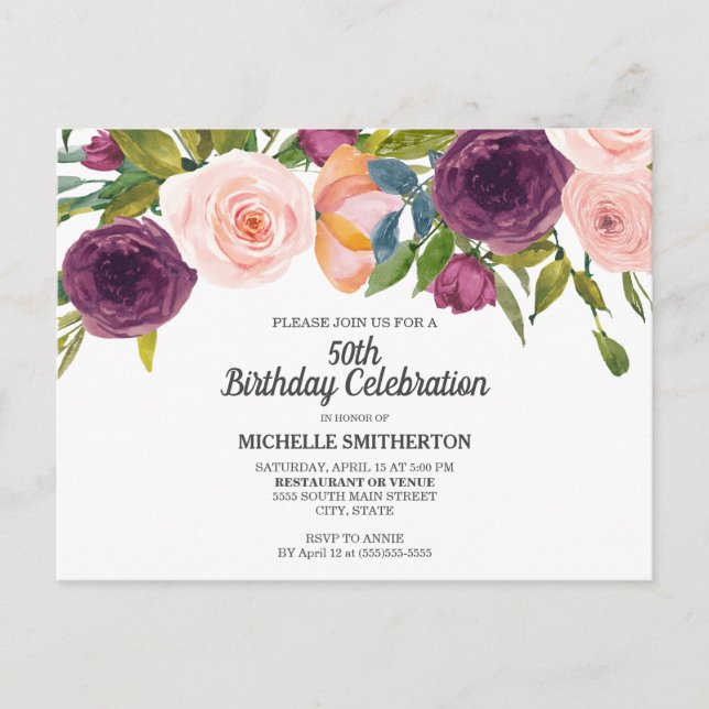 Carte Postale Aquarelle rose pourpre Floral Blanc 50e anniversai (Devant)