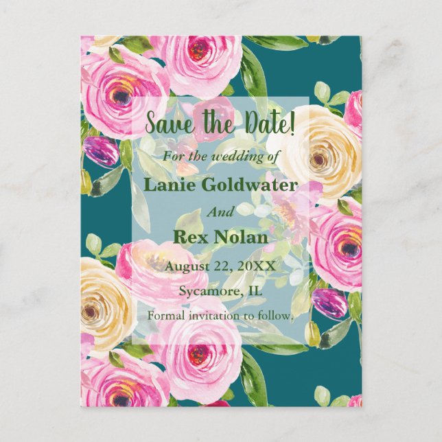 Carte Postale Aquarelle Rose rose sur Turquoise Enregistrer la d (Devant)