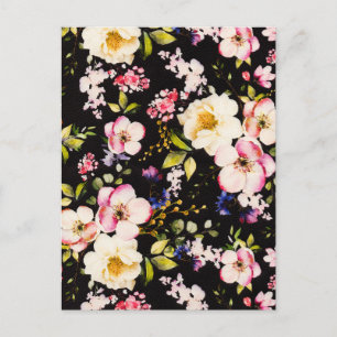 Carte Postale Aquarelle rose Roses Jaunes Arrière - plan noir