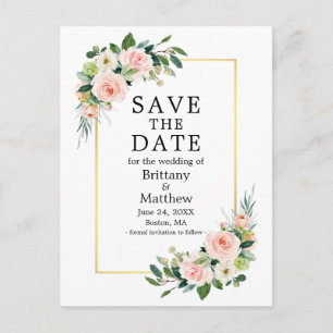 Carte Postale Aquarelle Rose Roses Or Cadre Enregistrer La Date