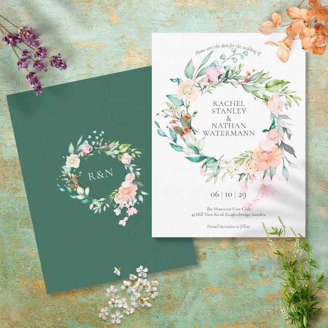 Carte Postale Aquarelle Rose sauvage Garland Enregistrer la date (Créateur téléchargé)